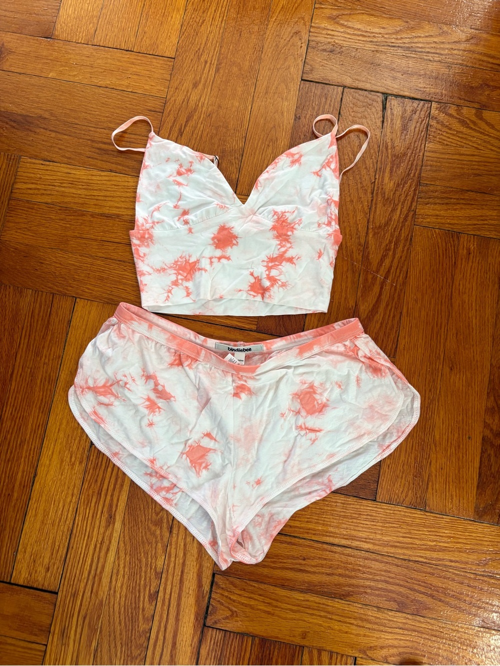 Birdiebee Tie-Dye Crop Bralette & Shorts Sleep Set - Coral White